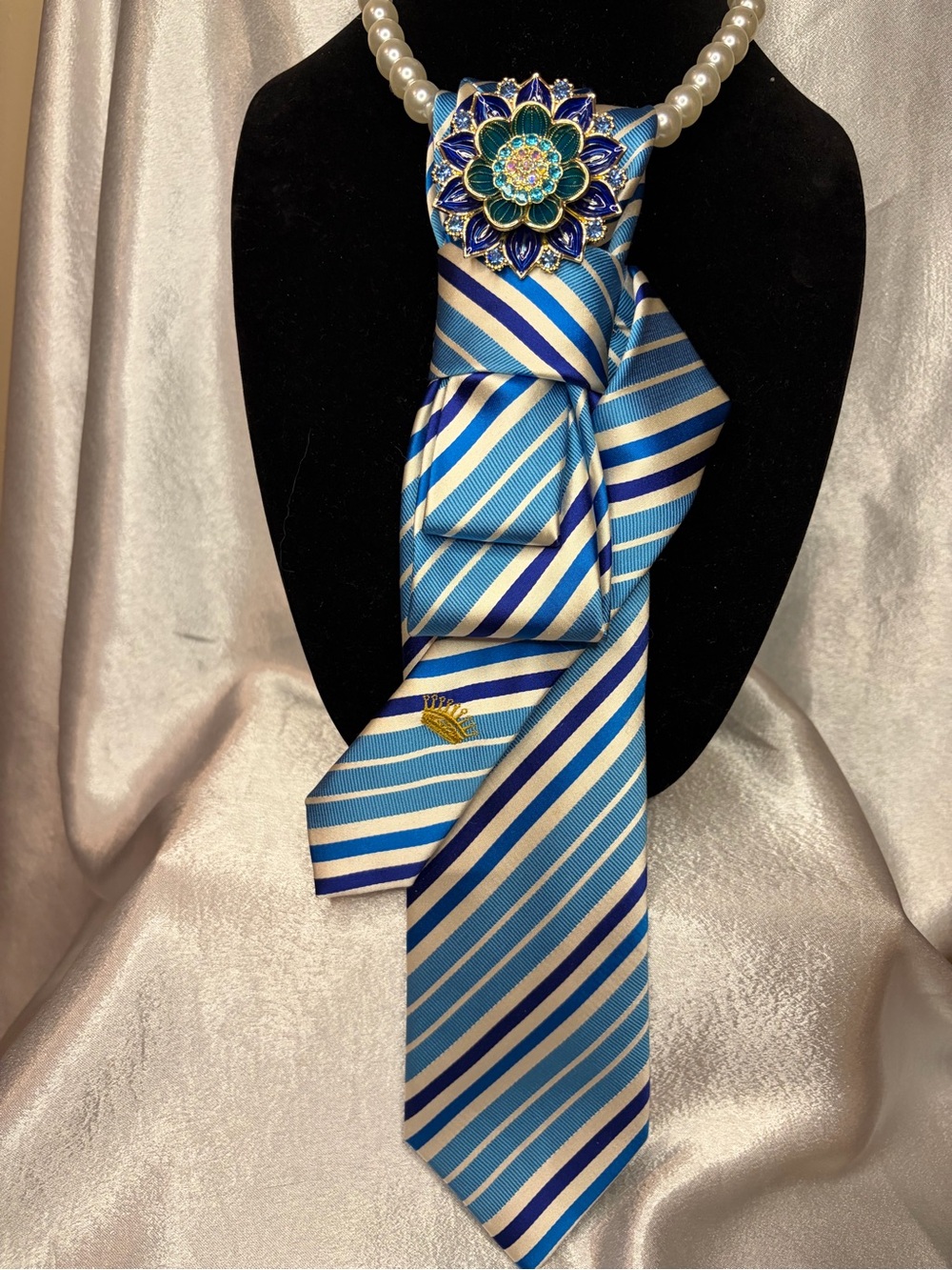 Women’s Tie - Blue Striped with Floral Brooch